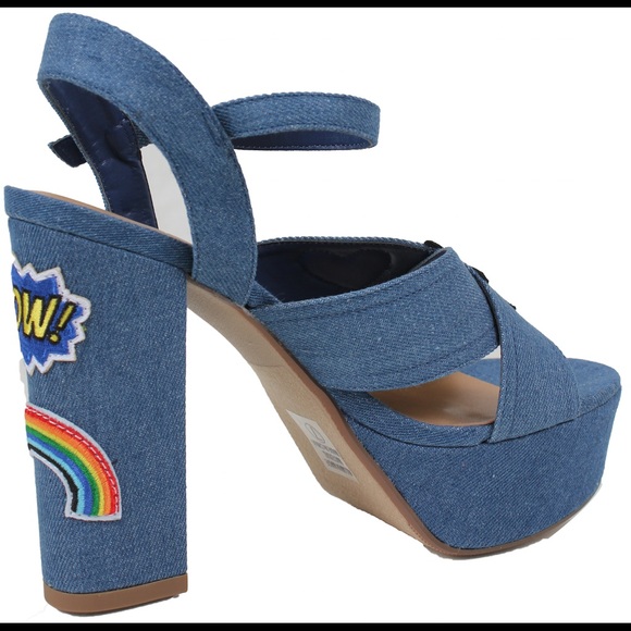 Blue denim patched open toe ankle strap block heel - Picture 4 of 5